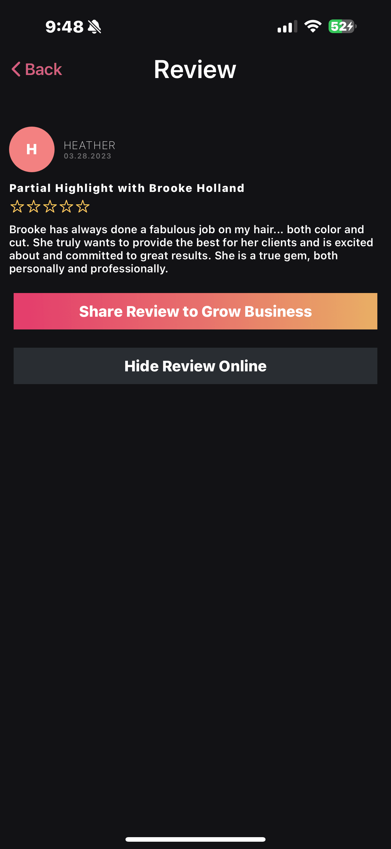 Five star Google review calling Brooke a gem for her fabulous color and cut work