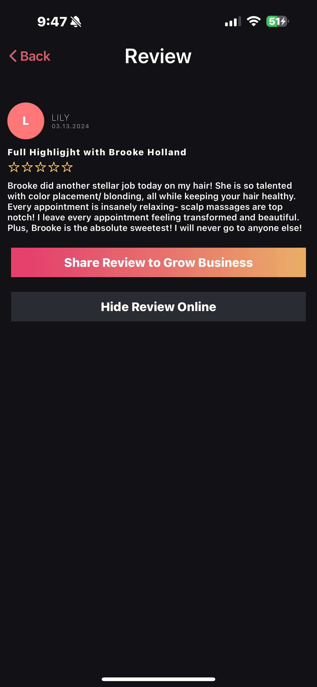 Five star Google review from Lily praising Brooke for her highlighting and blonding talent